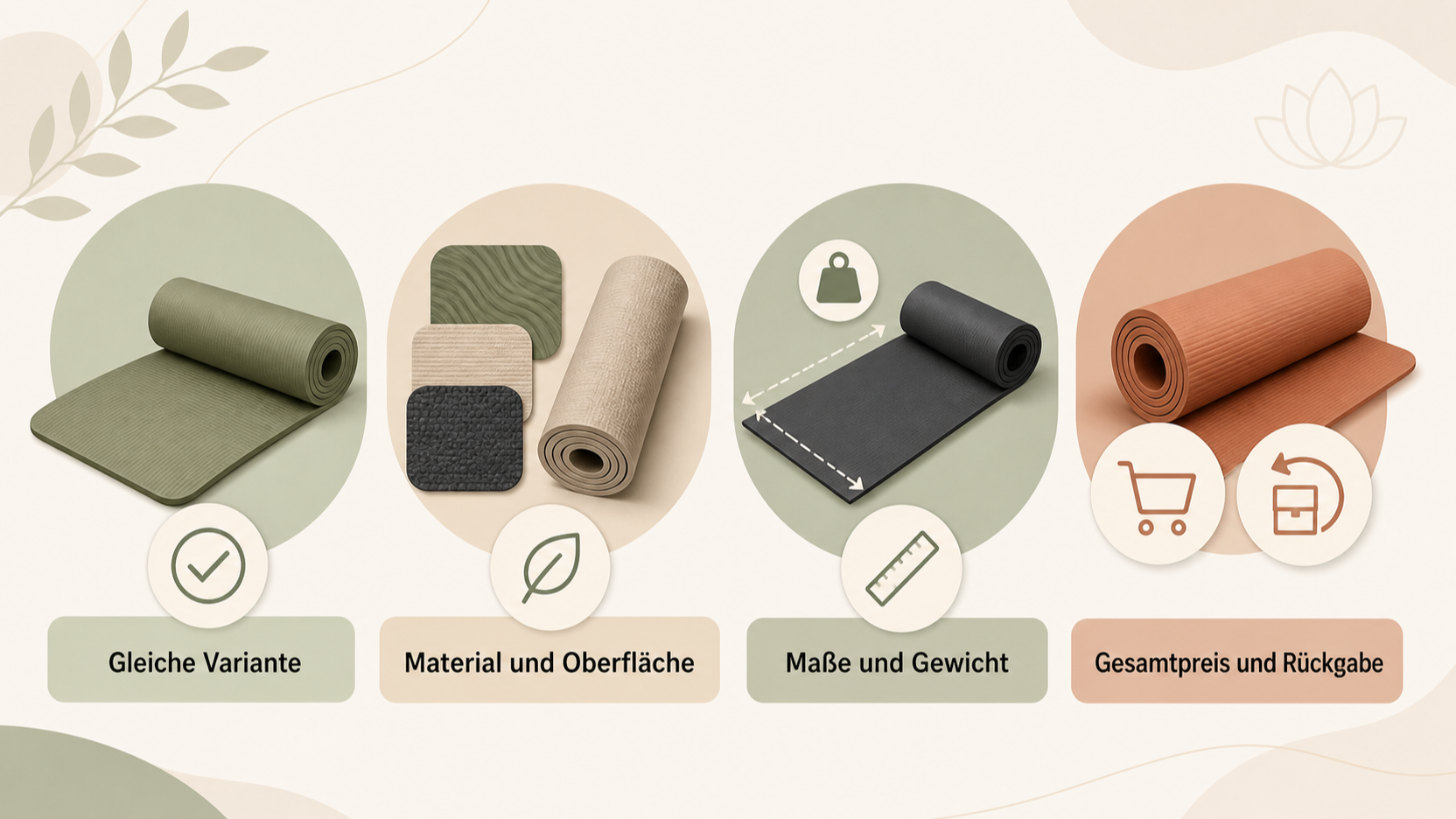 Redaktionelle Illustration zu Echte Yogamatten-Angebote erkennen: Modell, Material, Rückgabe und Gesamtwert prüfen