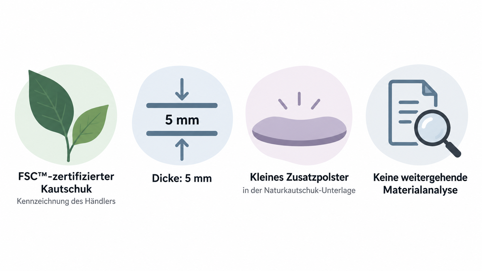 Show only the documented construction details: 5 mm thickness, a natural-rubber base, and a small extra cushion.
