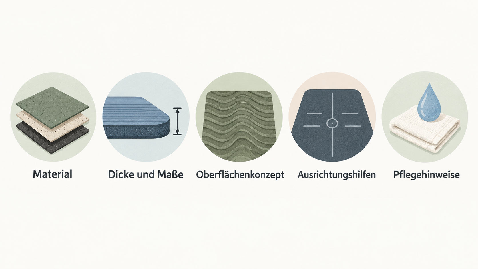 Show one horizontal row of five simple icons labeled „Material“, „Dicke Maße“, „Oberfläche“, „Pflege“ and „Einsatz“, summarizing the criteria stated in the section.