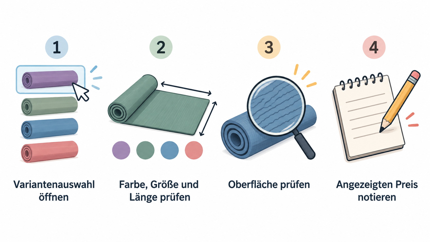 Eine vierstufige nummerierte Checkliste zur Auswahl und Prüfung einer Yogamatten-Variante.