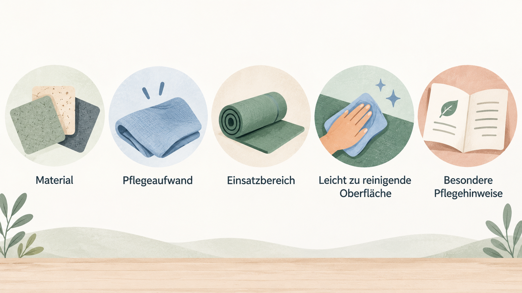 Eine einzelne Reihe aus vier Icons mit den im Abschnitt genannten Material-, Oberflächen- und Pflegepunkten.