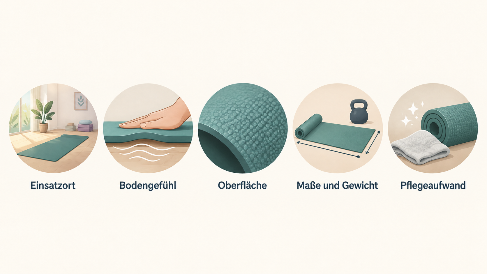 Eine einzelne Reihe aus fünf Symbolen für die im Einstieg genannten Prüfpunkte: Einsatzort, gewünschtes Bodengefühl, Oberfläche, Maße sowie Gewicht und Pflegeaufwand.