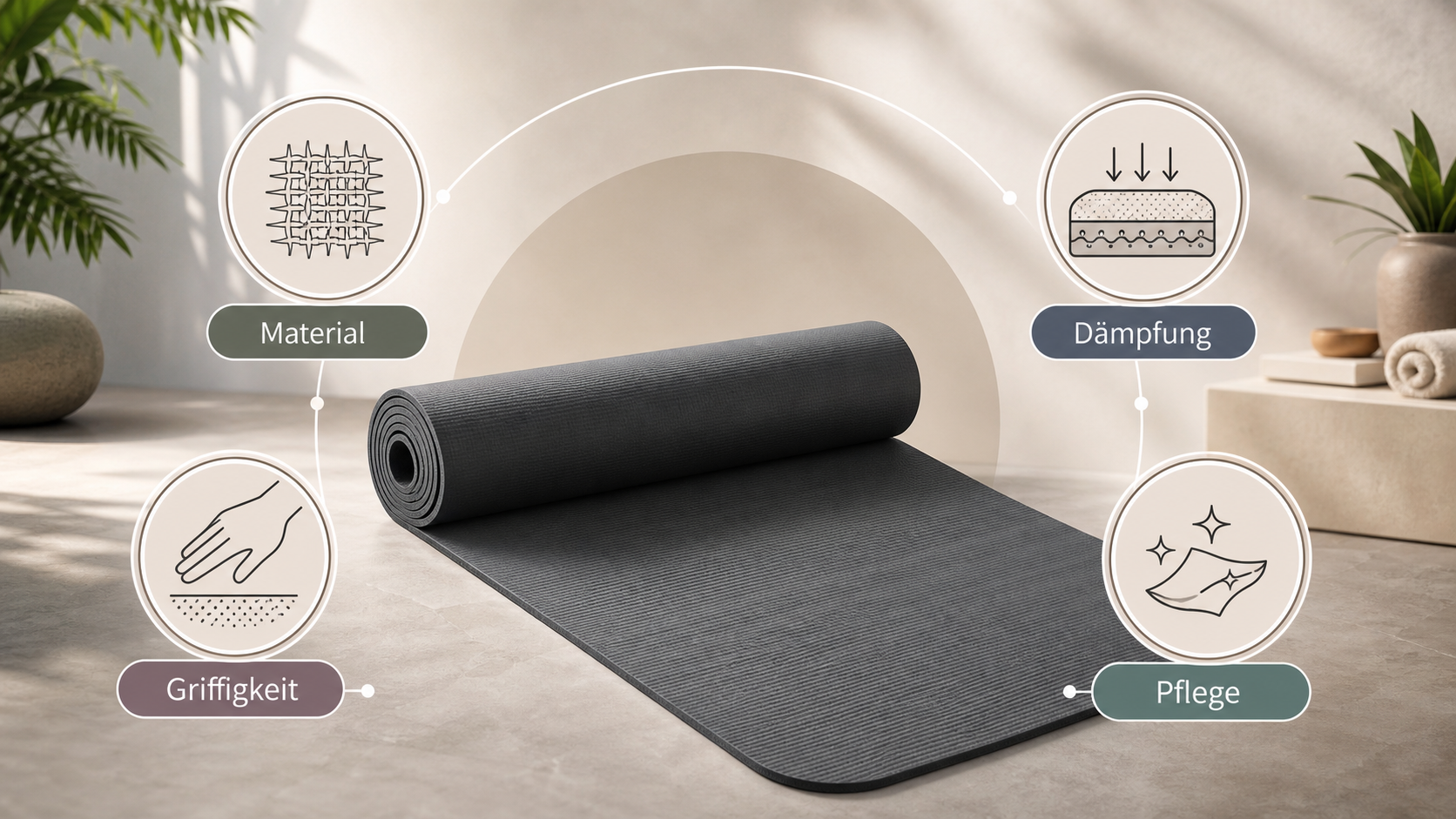 Redaktionelle Illustration zu Yogamatten richtig beurteilen: Dicke, Grip, Material, Größe und Pflege verständlich erklärt